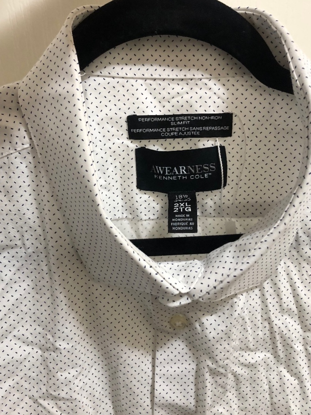 Kenneth Cole 2XL 18.5 34/35 men’s dress shirt white with tiny black navy dashes